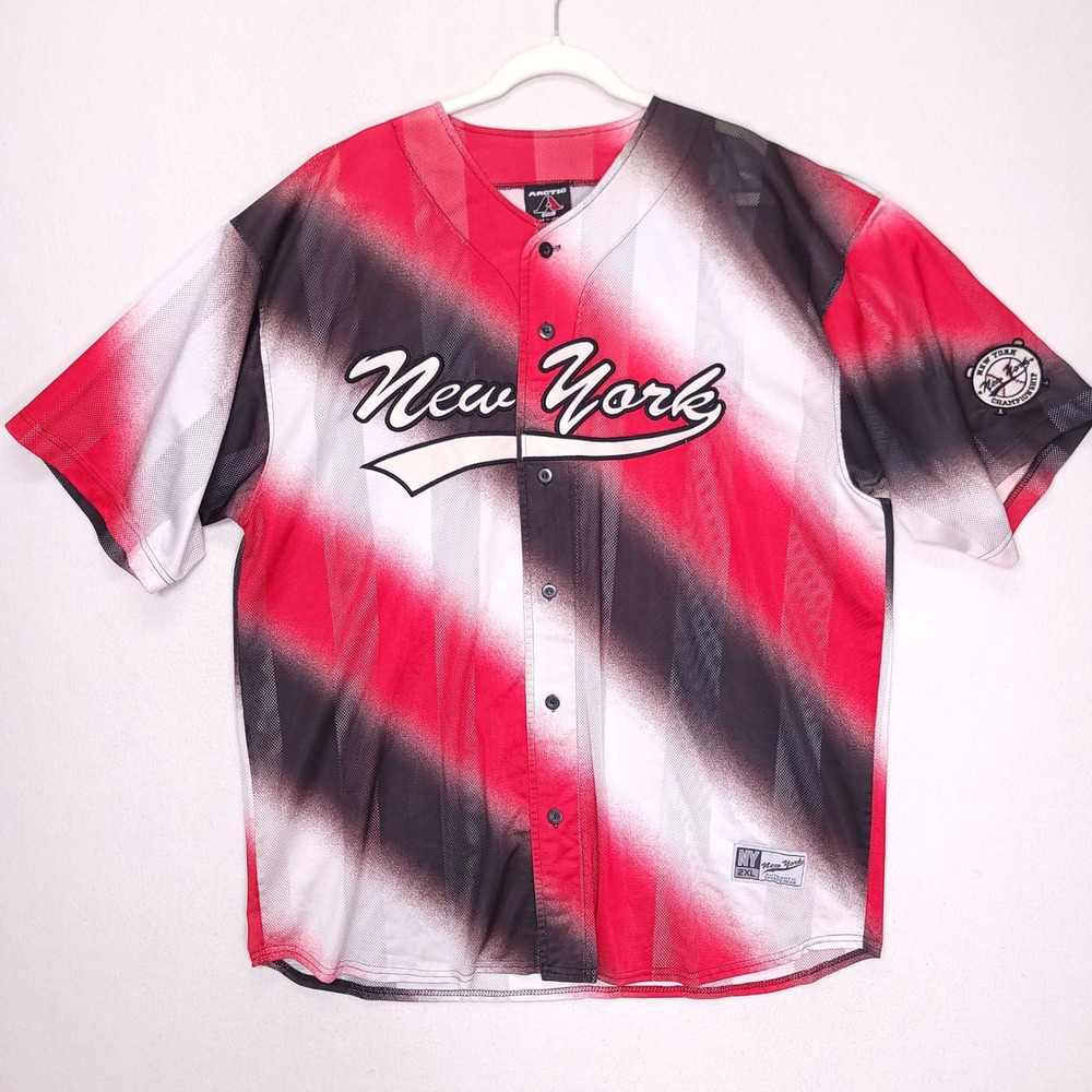 Arctic New York Baseball Jersey Mens 2XL Red Black White Gradient Mesh Button Up